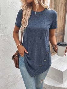 EMERY ROSE Women's Solid Color Round Neck Casual Versatile Navy Blue Summer T-Shirt,Business Casual Short Sleeve Tops With Button For Daily Wear Occasion - Navy Blue - View 4