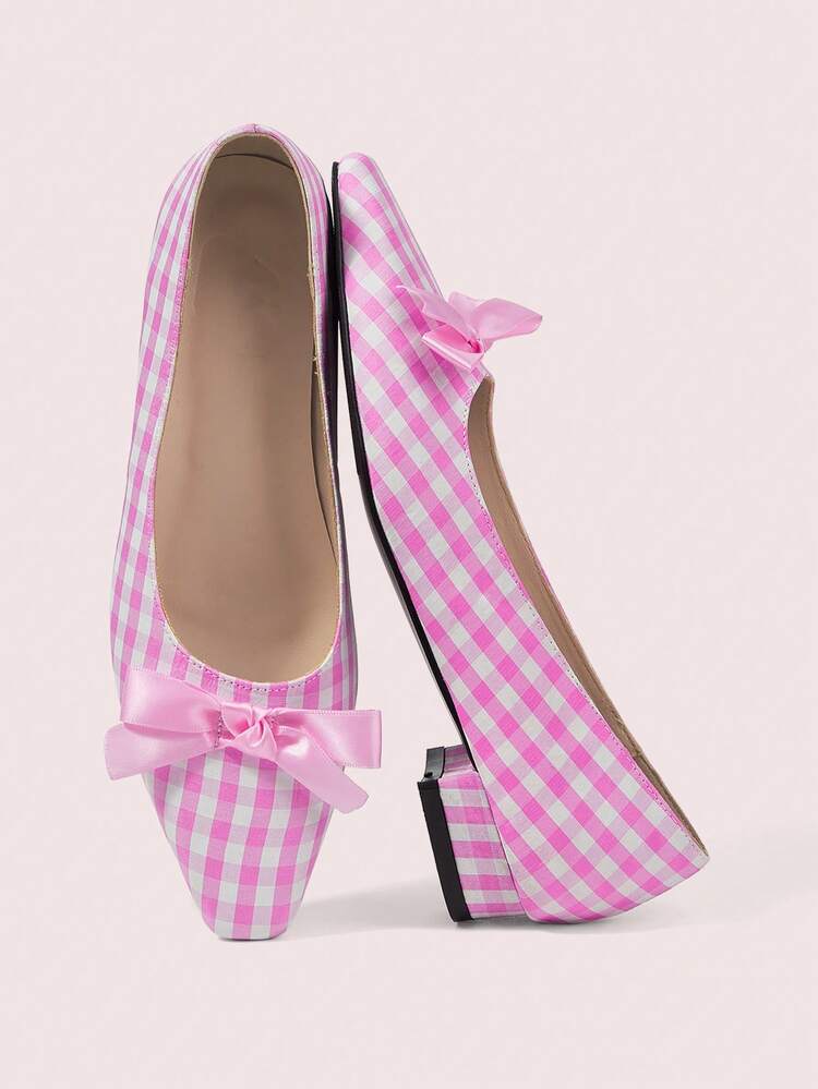 CUCCOO DOLLMOD Women's Pink And White Plaid Square Toe Low Vamp Shoes, Satin Bow Flats, Fresh And Sweet Daily Commuting Versatile Women's Shoes