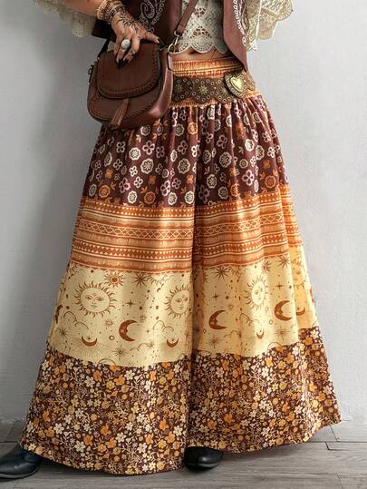 Whyspr Plus Size Women Floral & Sun Face Pattern Loose Wide Leg Pants, Vacation