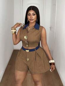 Maweii Plus Size Contrast Color Collar Sleeveless Top And Shorts 2 Pieces Set - Brown - View 5