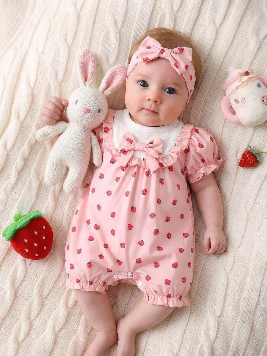 SHEIN Newborn Baby Girl Sweet Strawberry Print White Ruched Collar & Cuff Romper With Matching Bow Headband, Summer Outfit - Pink - View 1