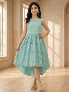 SHEIN Đầm ren thanh lịch cho bé gái tuổi teen - Đầm dự tiệc mùa hè không tay - màu xanh lá - Xem 7