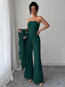 Rafferiza Women's Strapless High-End Jumpsuit With Extra Long Gold Lace Patchwork Chiffon Shawl 2 Pieces Set - Dark Green - View 6