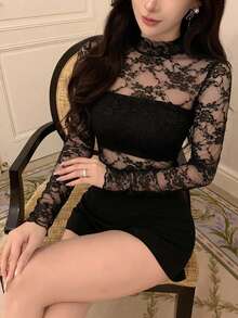 DAZY Back To School Lace Sheer Stand Collar Long Sleeve Top For Women Summer Going Out Tops - Black - View 7