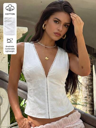 Lucivie Women's Casual Cute Retro White Vintage Cotton Embroidered Lace V-Neck Sleeveless Slim-Fit Blouse, Summer Bohemian Chic Top, Beach, Going Out, Elegant Women's Blouses, Summer Holiday, Casual Blouse For Women, Floral Top, White Top Women Top Elegant White Top Summer White Elegant Top Lace White Top White Women Top For Women Elegant White Top For Women White Sexy Top White Summer Top White Top Elegant