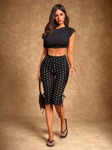 Radiana 女士性感复古独特黑白波点透视网纱低腰七分裤 - 黑色 - 查看 3