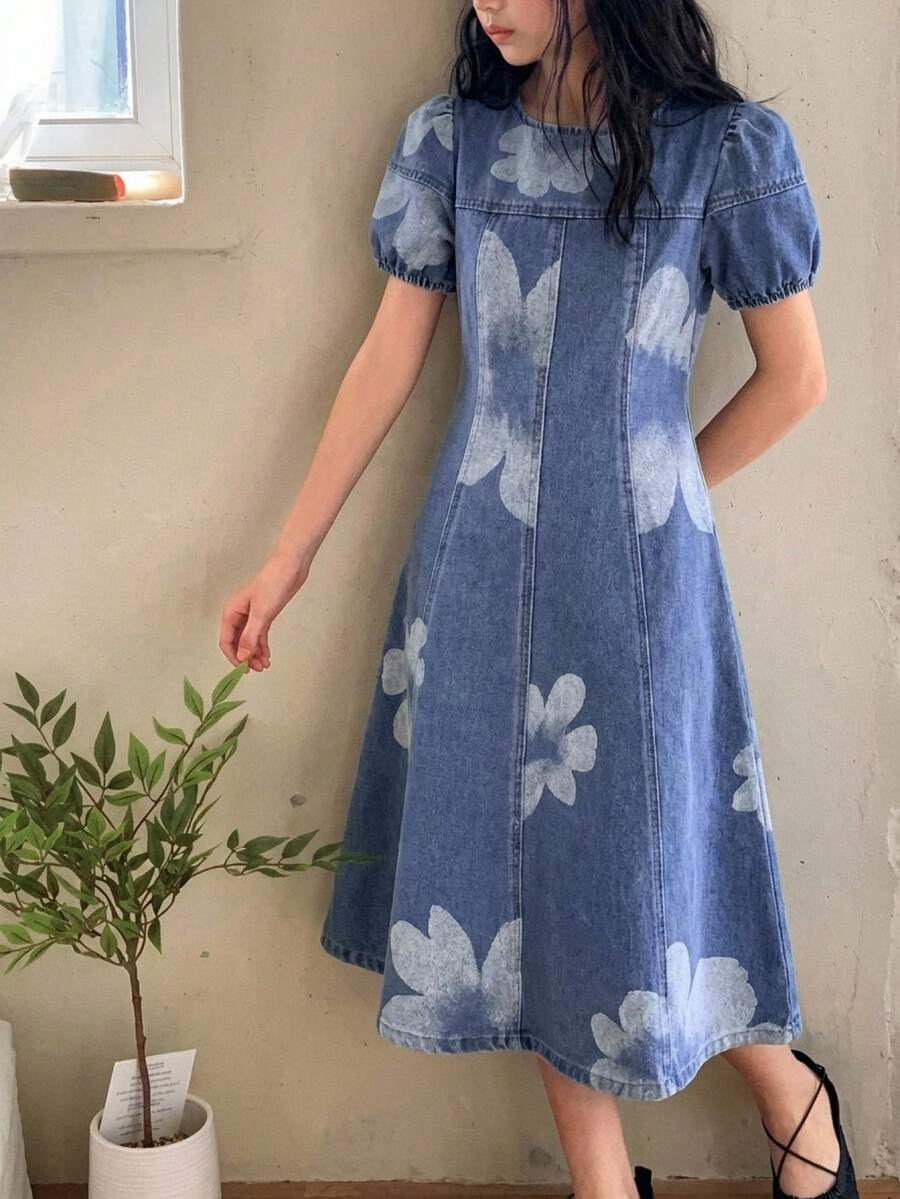 DAZY 少女牛仔短袖连衣裙,秋季款 - 中等水洗藍 - 查看 1