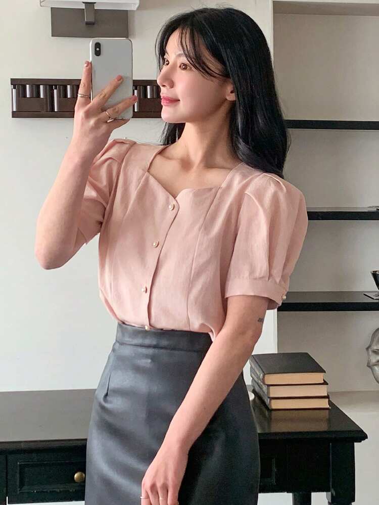 Women's Solid Color Sweetheart Collar Short Petal Sleeve Single-Breasted Casual Shirt Summer