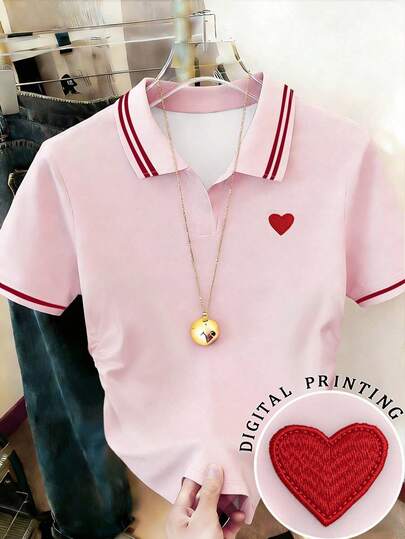 Resyla Plus Size Summer Casual Colorblock Striped Heart Embroidery T-Shirt