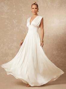 Lumalex 缎面亮面深V领褶皱腰部不对称长款喇叭连衣裙，配腰带，女款 - 白色 - 查看 10