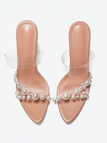 Eladyva Sandalias de tacón alto transparentes y desnudas para mujeres con decoración de perlas, sandalias de tacón alto simples y elegantes con punta puntiaguda para fiestas de verano, modernas y cómodas - Albaricoque - Ver 7