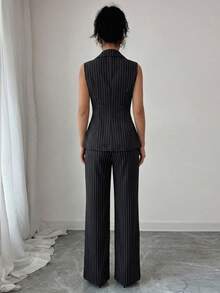 SHEIN Elenzya 女士条纹金属扣上衣和裤子休闲日常套装 - 黑與白 - 查看 2