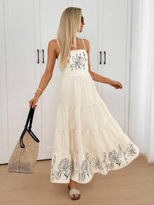 Easowa Women's Casual Embroidered Ruffle Hem Slip Dress - Apricot - View 1