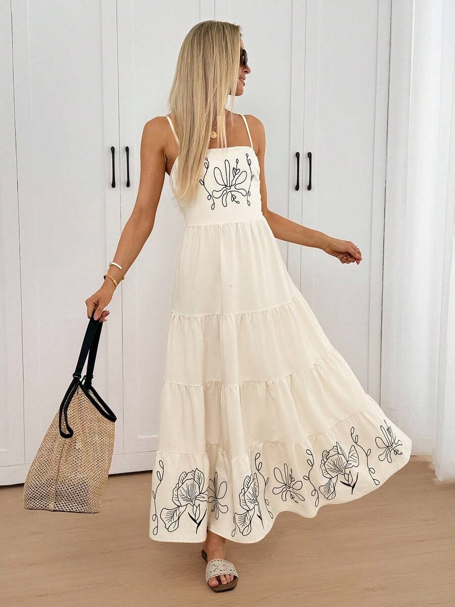 Easowa Women's Casual Embroidered Ruffle Hem Slip Dress - Apricot - View 1