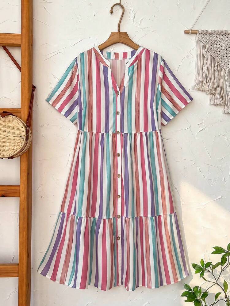 Plus Size Women's Summer Casual Vacation Country Short Sleeve Colorful Striped Button Front  Casual Dress,Casual Holiday Style,Summer Outfits For Women ,Vacation Outfits Women ,Holiday Outfits For Women,Going Out Outfits,New Clothes,Simple And Fashionable For Everyday Wear,Suitable For Summer, Vacation, Daily Wear, Festival Outfits For Women,Country Concert Outfit,Beach Outfits For Women,Western Style,Flowy Dress,Gifts For Mother,Boho Dress