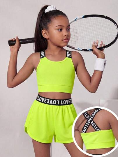 SHEIN 2件套女童针织纯色字母弹力腰背心和短裤运动套装