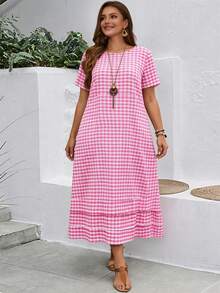 Rosumi 大码女式格子圆领短袖休闲宽松连衣裙 - 玫紅色 - 查看 7