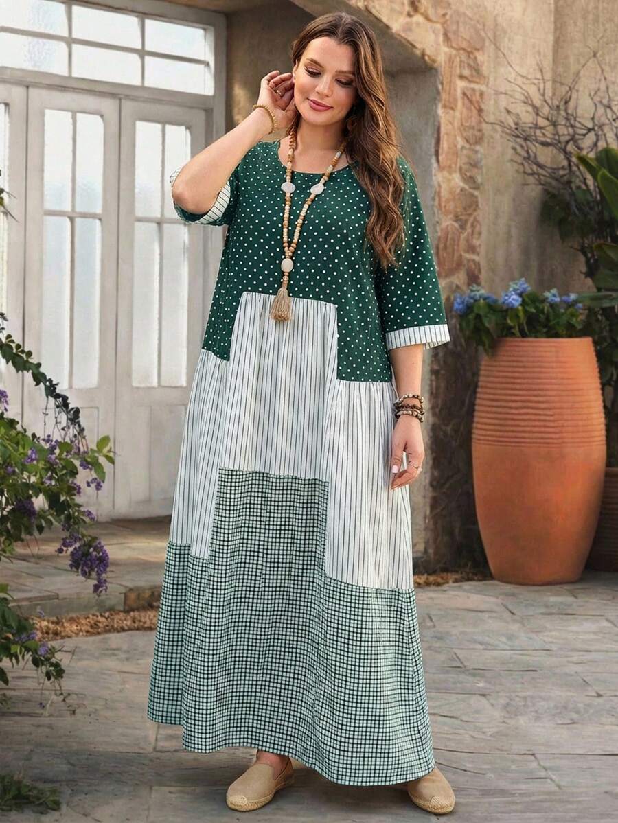 Rosumi 大码女式休闲度假圆领七分袖波点、格子和条纹拼接连衣裙，秋季 - 水鴨藍 - 查看 1