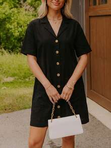 Coeurva 棉质女士春夏沙滩度假优雅正式连衣裙，女士春夏沙滩度假优雅正式碎花连衣裙，夏季女士长裙，女士休闲优雅浪漫舒适宽松黑色连衣裙，春夏，黑色连衣裙，女士直筒连衣裙，度假连衣裙，纽扣连衣裙，休闲连衣裙 - 黑色 - 查看 4