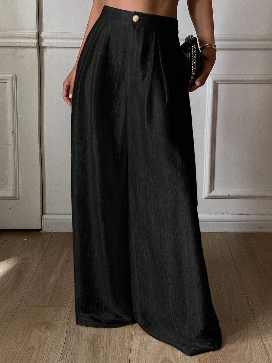 DAZY Women's Loose Wide Leg Pants, Elegant Vacation Wear, Spring & Autumn - Black - View 1