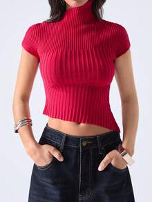 LYSMO 2026 New Arrive Minimalism Spring/Summer Women's Casual Commuting Minimalist Solid Color High Neck Cap Sleeve Asymmetrical Hem Fitted Knit Top - Red - View 7