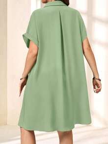 EMERY ROSE Plus Size Solid Color Collared Short Sleeve Casual Mini Dress, Minimalist Style,Summer Outfits For Women - Green - View 2