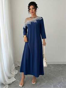 Rafferiza Gaun Lengan Panjang Transparan Motif Bunga 3D untuk Wanita - Navy Blue - View 3