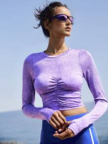 Medorelle Damen Rundhals Langarm Plissee Casual Crop Top - Violett - Übersicht 3