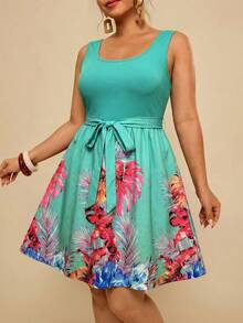 Travachic Women's Plus Size Elegant & Casual Sleeveless Dress With Solid Color And Tropical Coconut Tree Print, Suitable For Vacation, Summer, Tropical Healing - Green - View 4