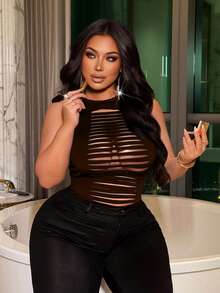 NU&NOW Colete feminino plus size sexy e casual com recortes e rasgos, ideal para uso casual e diário. - Castanho - Ver 2
