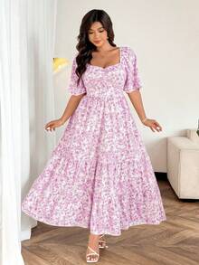 Easura Plus Size Women's Elegant Floral Print Square Neck Short Sleeve A-Line Maxi Dress, Spring/Summer - Pink - View 4