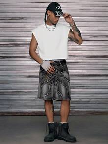 AXEPEAK High Street Fashion Tops Men's Loose Sleeveless T-Shirt Spider Pattern Rhinestone Decorated Tank Top - White - View 3