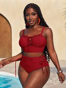 Slaydiva Bộ 2 món đồ bơi nữ màu xanh lá cây gợi cảm, thích hợp cho kỳ nghỉ hè, đi biển, bikini, đồ bơi. - Đỏ - Xem 9