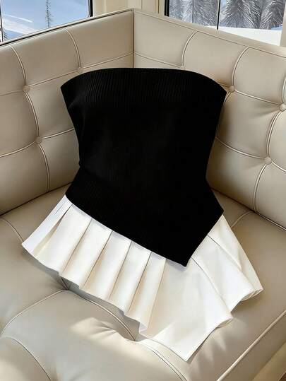 SHEIN Franclia 时尚性感温柔黑白拼接不对称下摆个性露背休闲度假百搭无肩带上衣，女士黑白拼接衬衫，女士春夏度假无肩带上衣，无袖上衣，女士时尚性感简约性感上衣，夏季穿搭，女士性感上衣