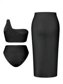 Swim Oasis Conjunto de bikini de 3 piezas unicolor para mujer de talla grande, adecuado para la playa, la natación y las vacaciones - Negro - Ver 4