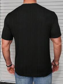 Manfinity CasualCool 男士休闲日常通勤纯色罗纹针织短袖半扣开衫T恤，夏季 - 黑色 - 查看 2