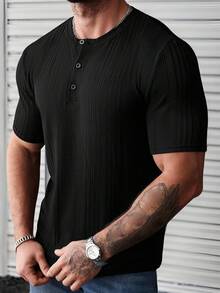 Manfinity CasualCool 男士休闲日常通勤纯色罗纹针织短袖半扣开衫T恤，夏季 - 黑色 - 查看 7