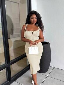 Alexandranx Tie Front Ruched Bust Knot Shoulder Lettuce Trim Summer Cami Long Dress - Beige - View 4