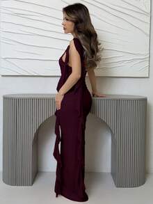 Jemour Asymmetric Ruched Backless Maxi Mesh Dress With Ruffle Hem, Elegant Women's Dress For Vacation & Beach, Spring/Summer ,Summer Dress - Maroon - View 5