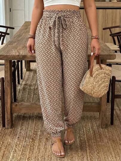 SHEIN Frenchy Plus Size Casual Allover Print Loose Drawstring Pants,Summer Pants