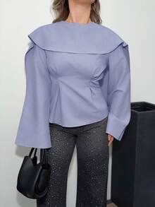 Jeta Ari Chemisier élégant à manches longues, taille plissée, couleur unie pour femmes - Bleu ciel - Voir 4