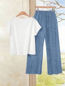 Rusticease Conjunto feminino plus size de duas peças com estampa de coração que imita tecido mecânico, estilo casual, ideal para o verão, início do outono, férias, uso em casa e festas. - Branco - Ver 3