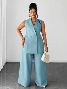 Maweii Plus Size Casual Elegant Suit Set, Blazer And Wide Leg Pants, Suitable For Work And Commute, Autumn/Winter - Baby Blue - View 3