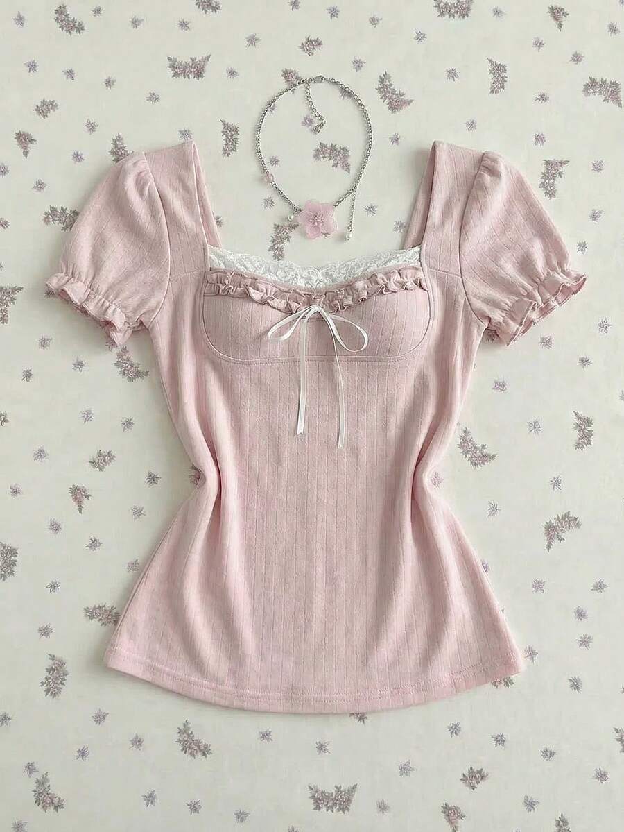 Elamini Maglietta casual da donna con scollo quadrato, arricciatura in pizzo e fiocco decorativo a contrasto di colore - Rosa - Visualizzare 1
