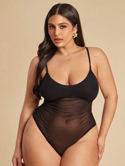 SHEIN BAE Body de tela transparente de unicolor y sexy, talla grande, para el verano