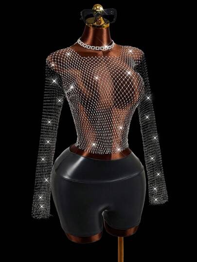 Mistrie Women's Rhinestone Hollow-Out Casual Versatile Long Sleeve Top For Daily Wear  Music Festival  Party , Summer , Summer Clothes  , Summer Outfits For Women , Summer Outfits ,  Summer Outfit For Women ,Vacation Outfits Women Rhinestone Tops See Through Tops Fishnet Top Rhinestone Fishnet Top See Through Long Sleeve Top