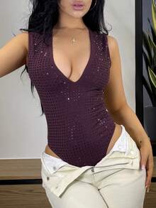 Vassilux Black Elegant Square Rhinestone Deep V Neck One-Piece Swimsuit For Women Burgundy - Maroon - View 6