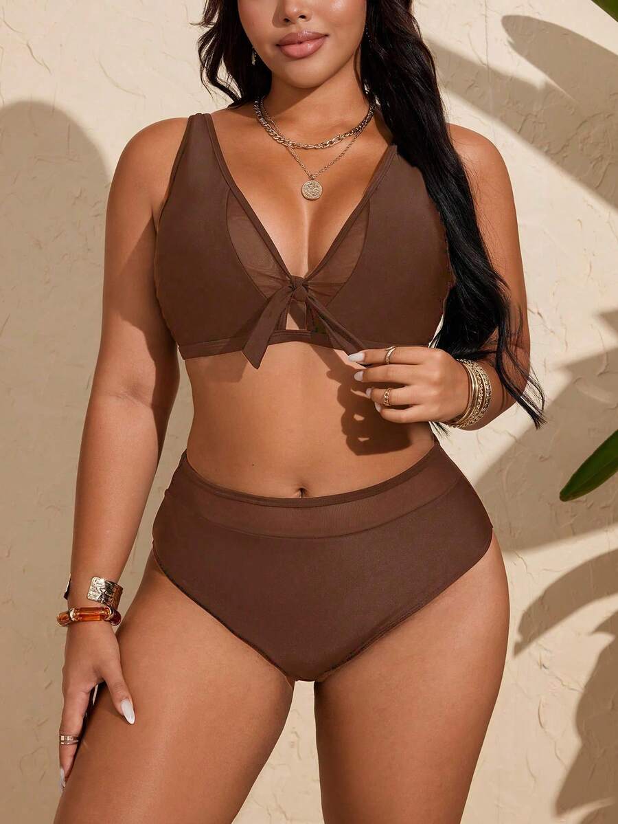 SHEIN Swim Curve 女士夏季黑色吊带比基尼上衣和高腰短裤泳衣套装 - 棕色 - 查看 1