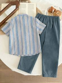 LMoss Kids 两件套女童条纹衬衫和纯色裤子套装 - 霧霾藍 - 查看 2