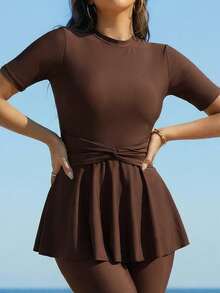 Swim Mulvari 女士纯色挂脖扭结褶皱吊带泳衣套装，适合海滩度假 - 棕色 - 查看 3